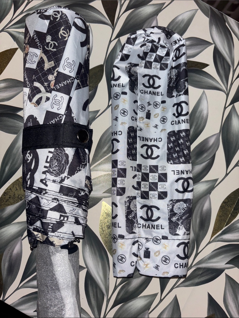 CHANEL Black and White Logo Print Umbrella with Sleeve